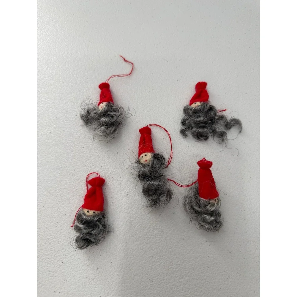 Vintage Handmade Felt Gnome Ornaments Set of 5 Red Hat Grey Beard Tomte Nisse 2